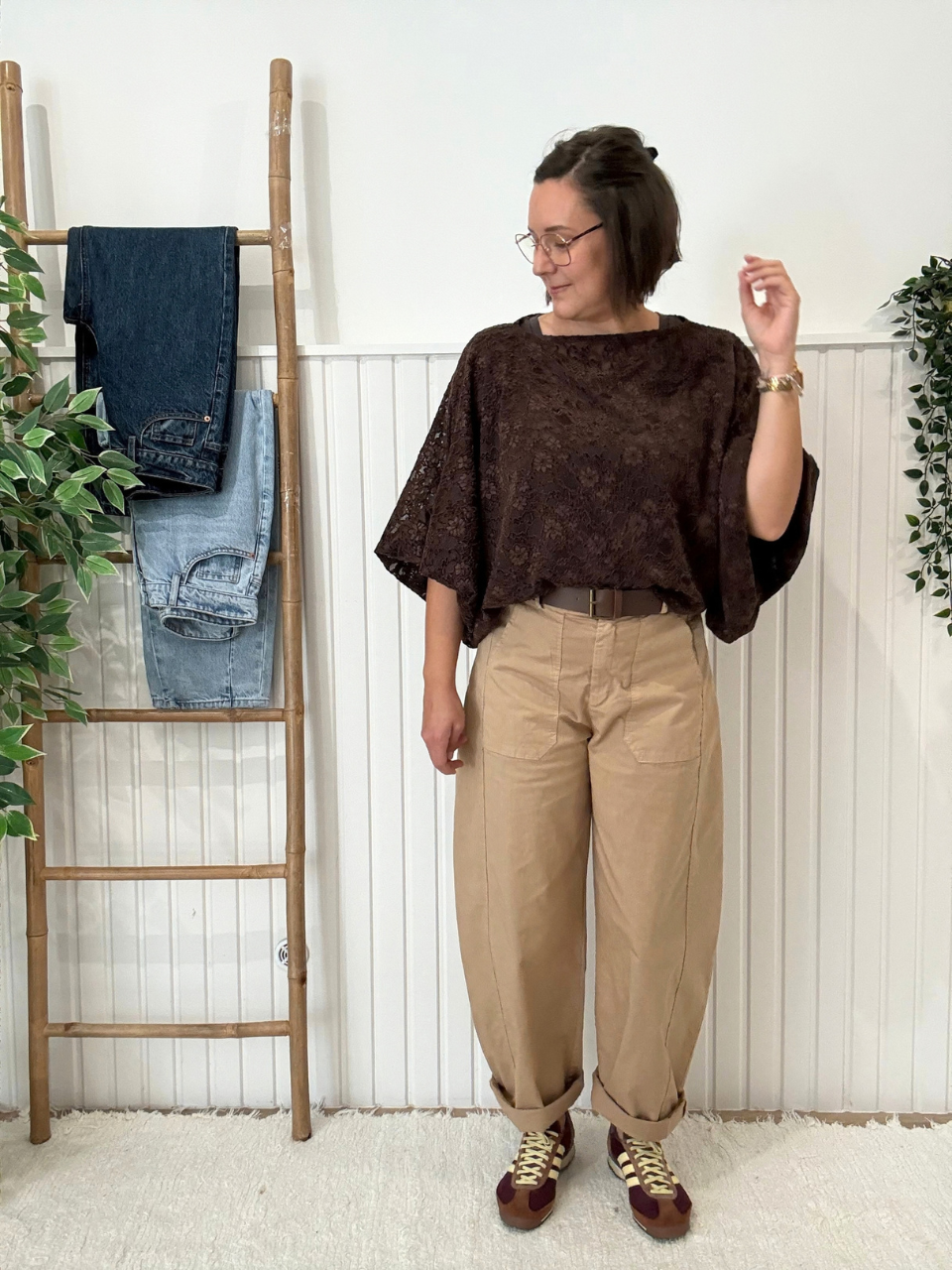 Pantalon barrel beige femme avec ceinture – Taille unique 36-40