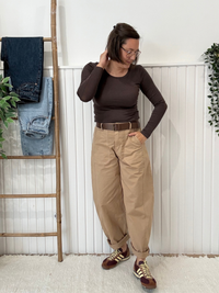 Pantalon barrel beige femme avec ceinture – Taille unique 36-40