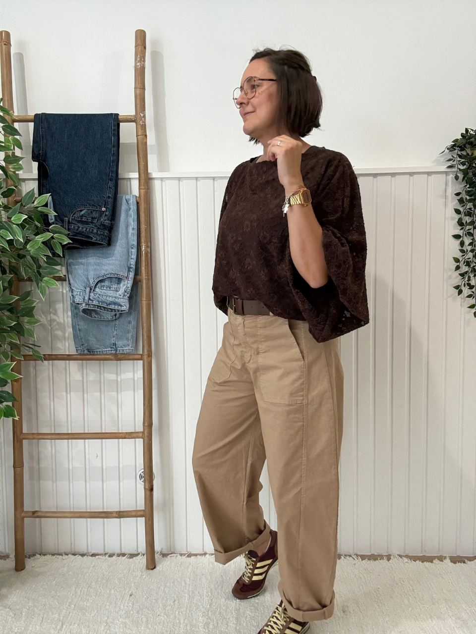 Pantalon barrel beige femme avec ceinture – Taille unique 36-40
