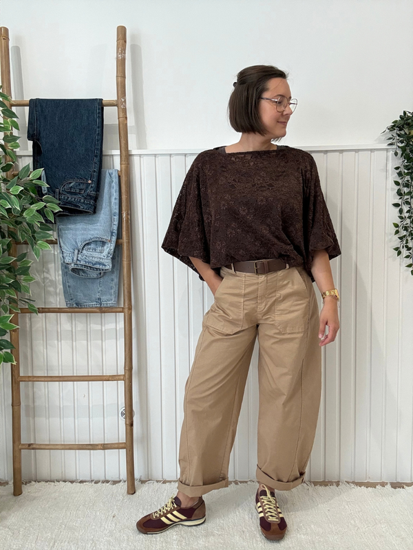 Pantalon barrel beige femme avec ceinture – Taille unique 36-40