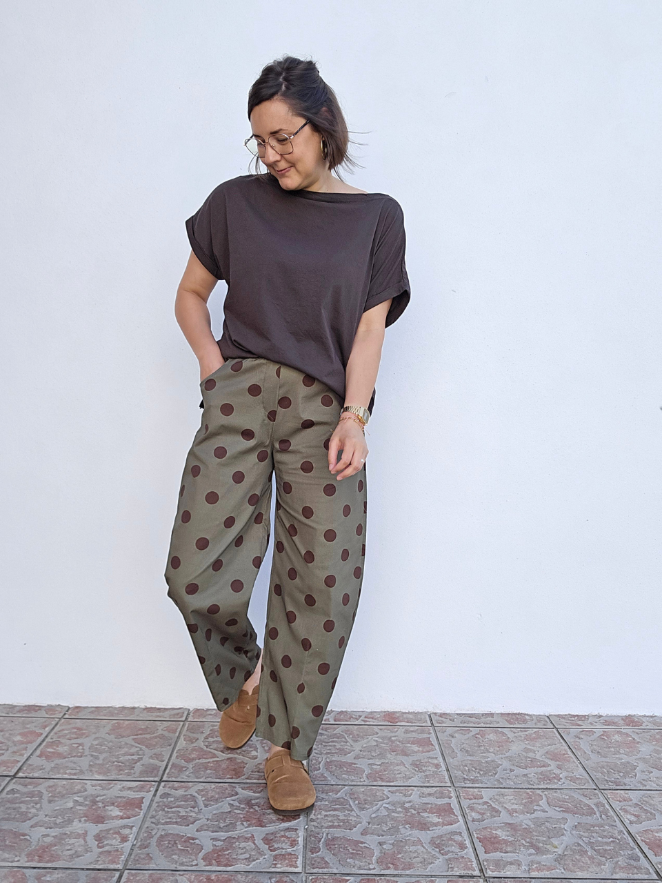 Pantalon barrel kaki pois marron