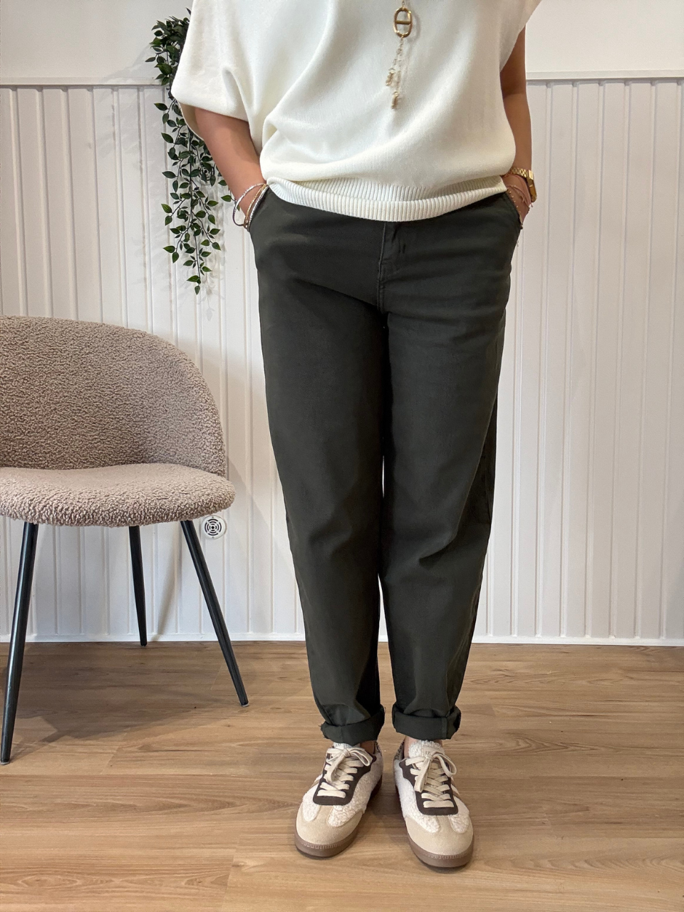 Jean barrel kaki femme strech