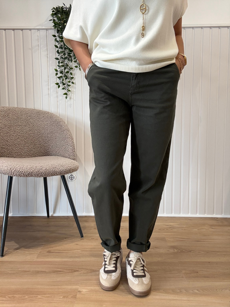 Jean barrel kaki femme strech
