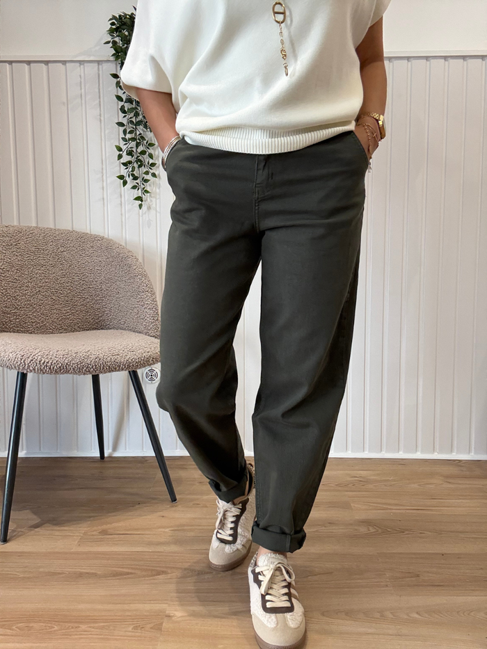 Jean barrel kaki femme strech