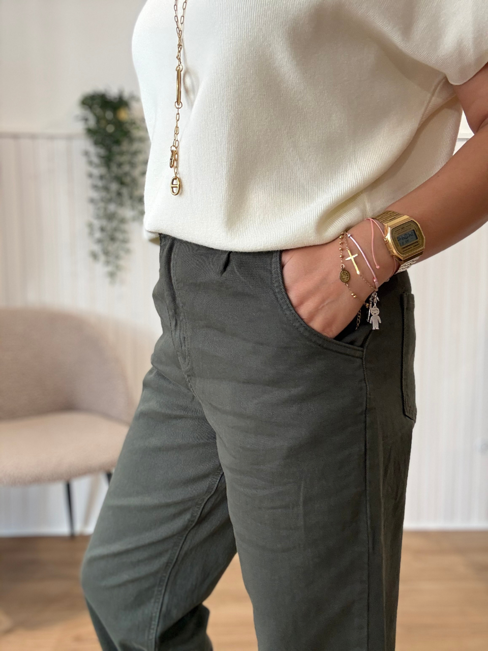 Jean barrel kaki femme strech