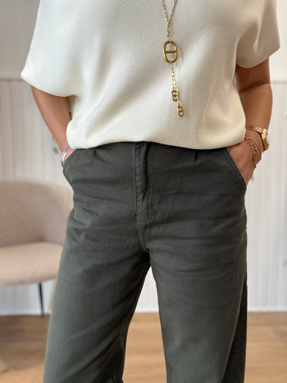 Jean barrel kaki femme strech
