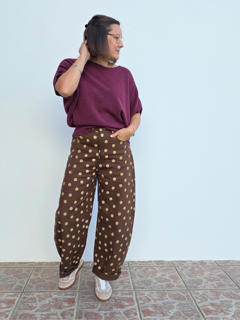 Look jean barrel marron pois 