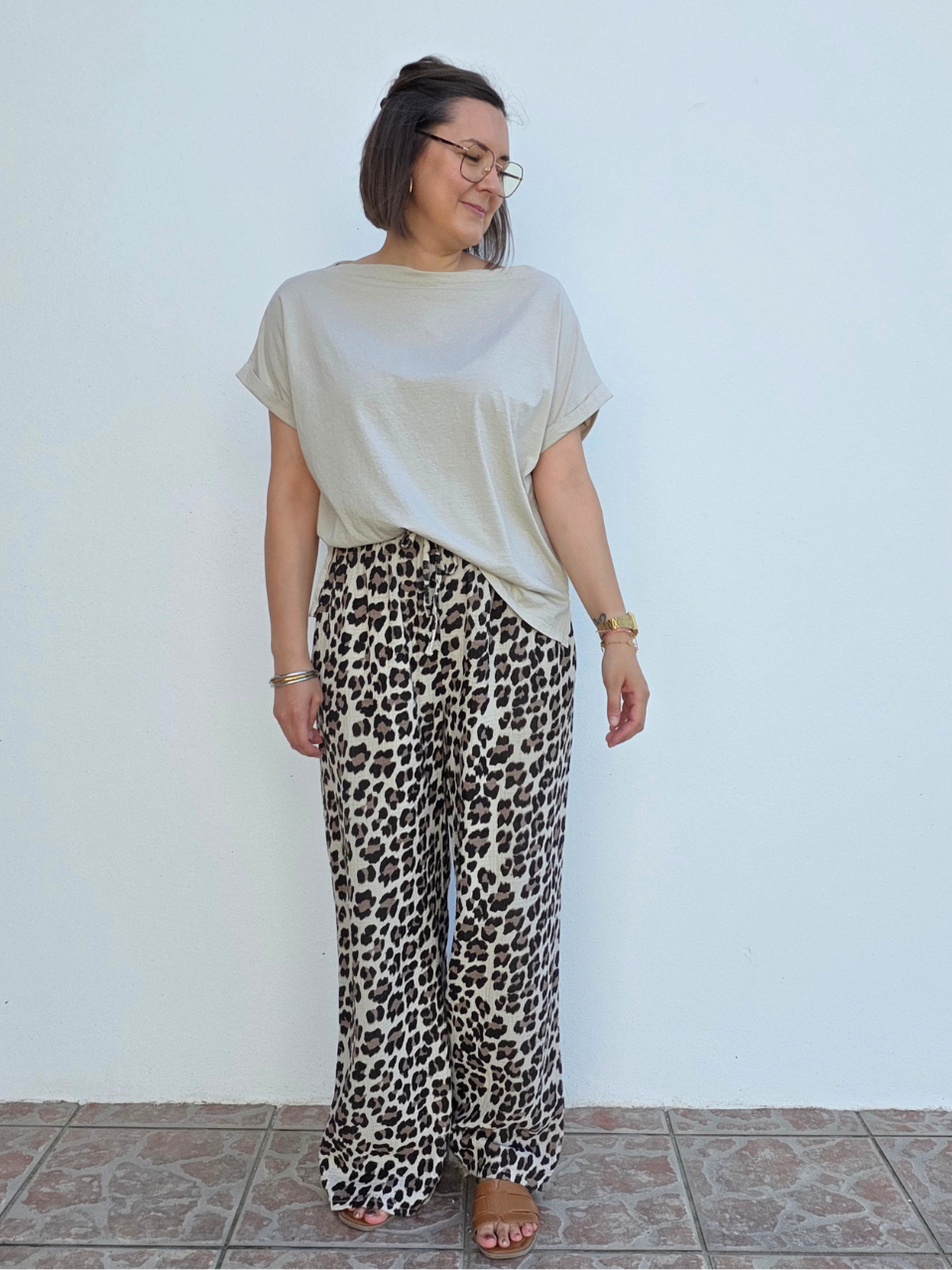 Pantalon large léopard femme en gaze de coton