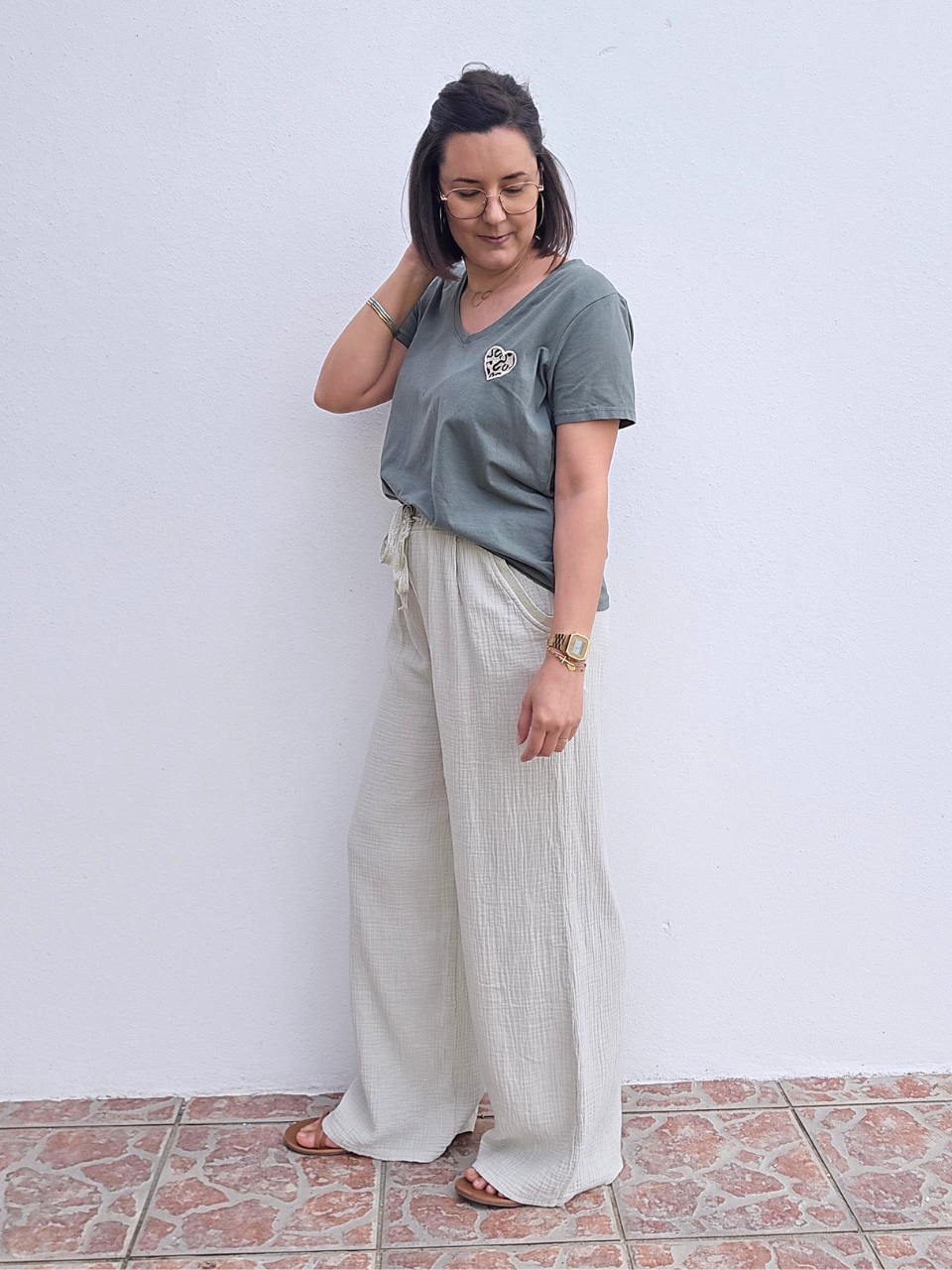 Pantalon gaze de coton beige femme 