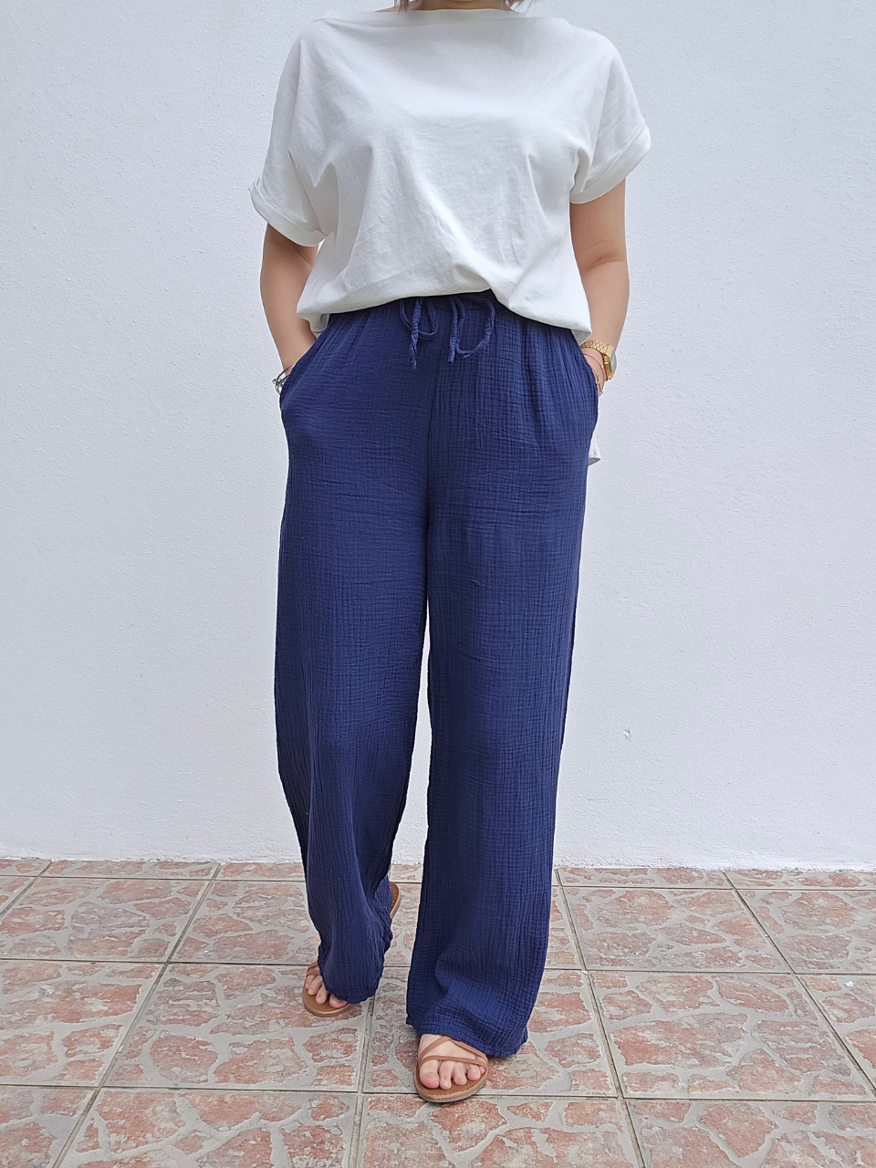 Pantalon été léger femme marine gaze de coton