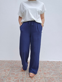 Pantalon été léger femme marine gaze de coton