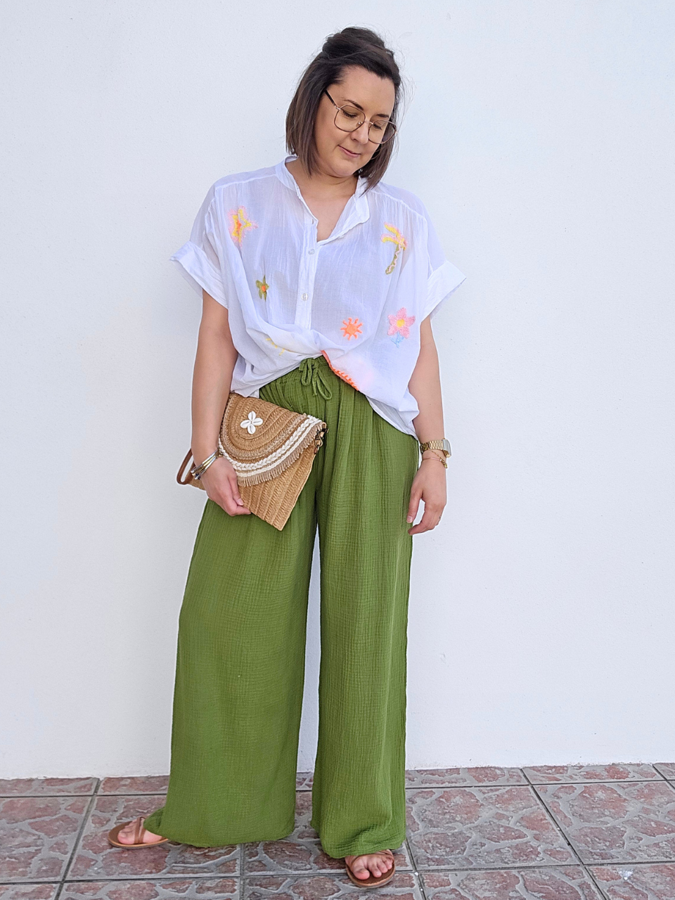 Pantalon large vert olive – Gaze de coton