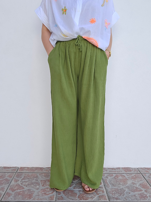 Pantalon large vert olive – Gaze de coton