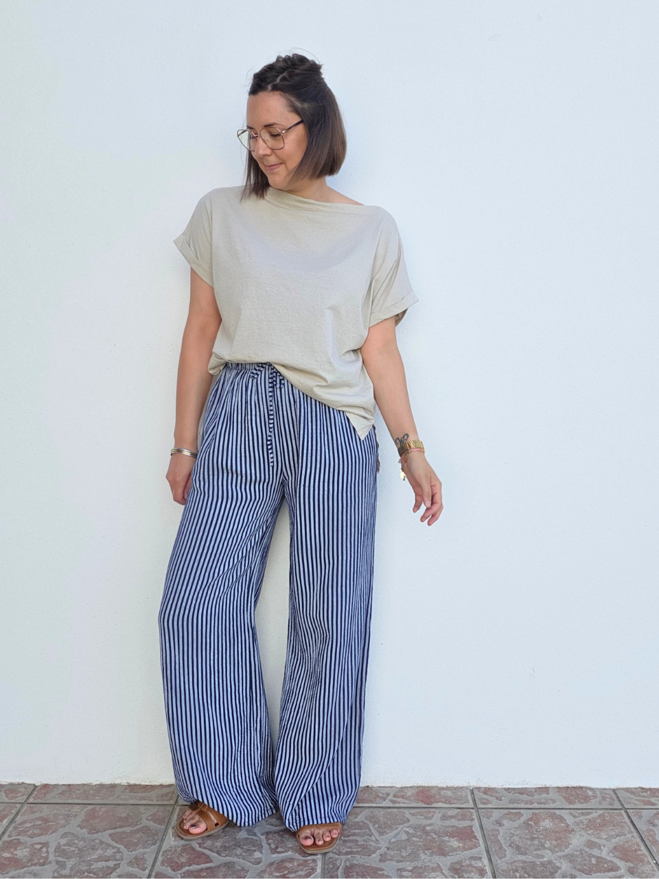 Pantalon rayé marine gaze de coton