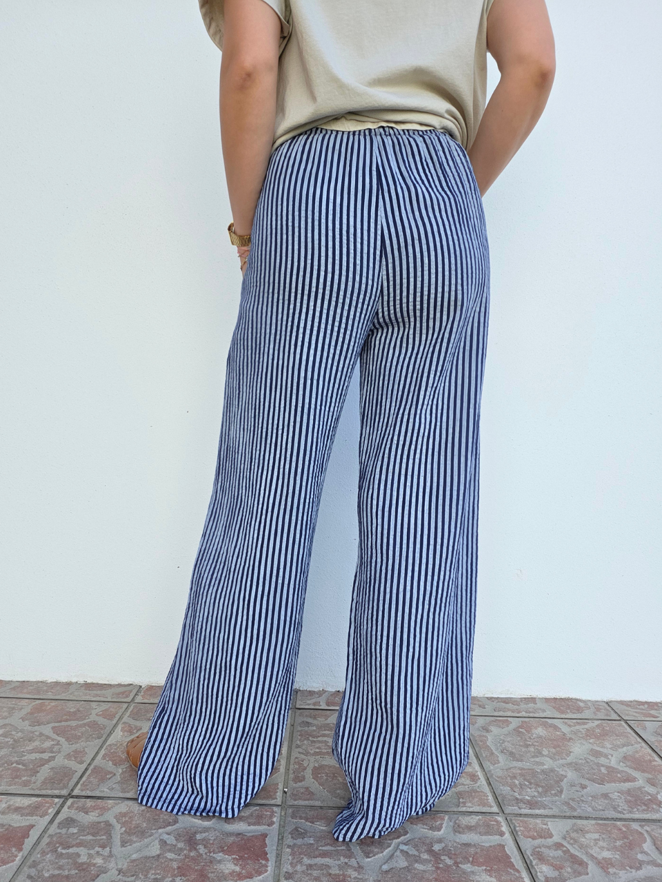 Pantalon rayé marine gaze de coton