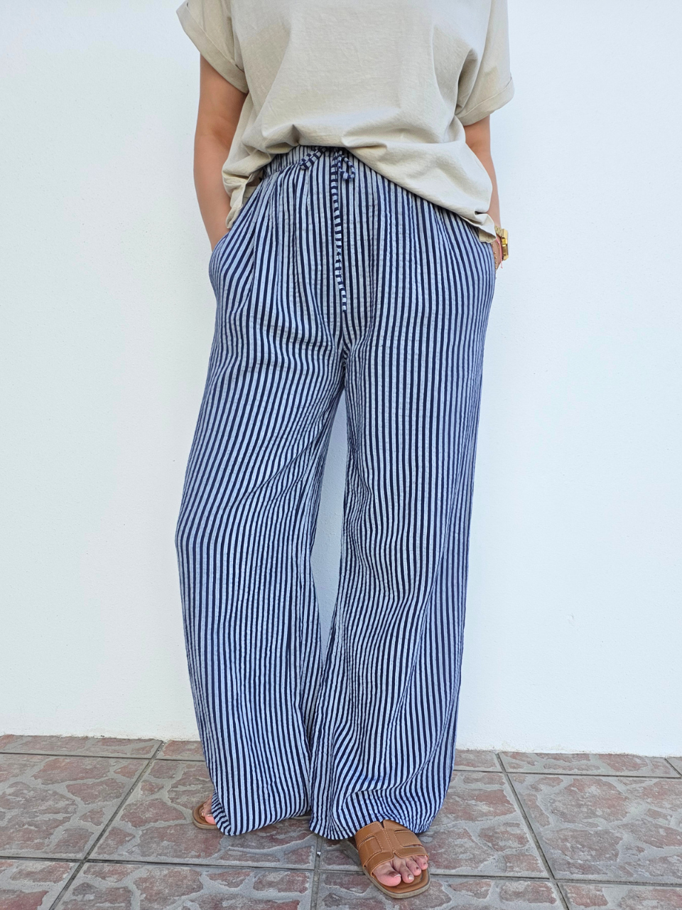 Pantalon rayé marine gaze de coton