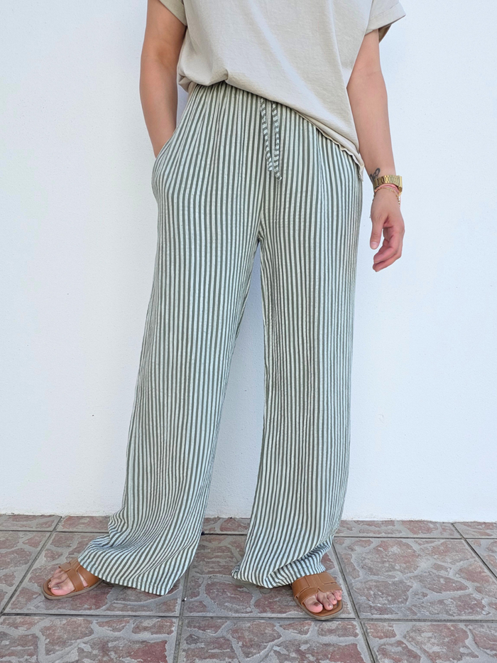 Pantalon rayé kaki gaze de coton