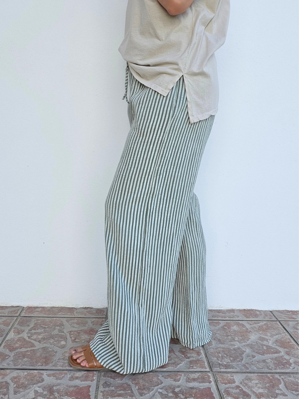 Pantalon rayé kaki gaze de coton