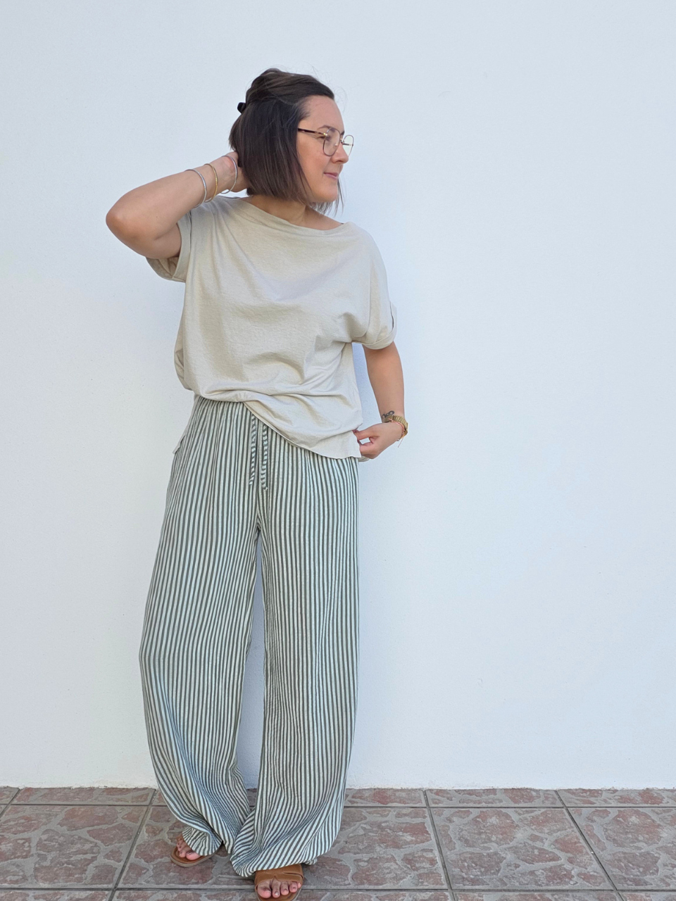 Pantalon rayé kaki gaze de coton