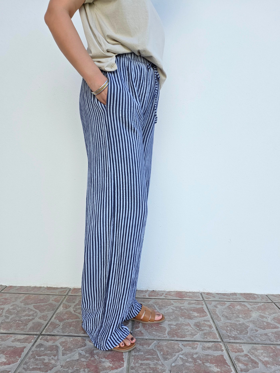 Pantalon rayé marine gaze de coton