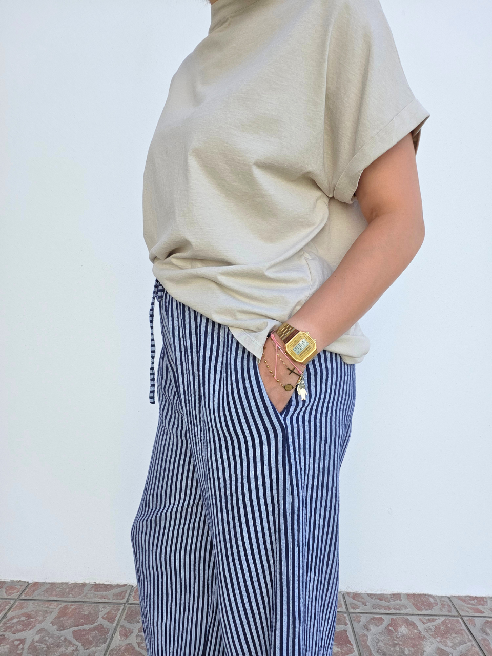 Pantalon rayé marine gaze de coton