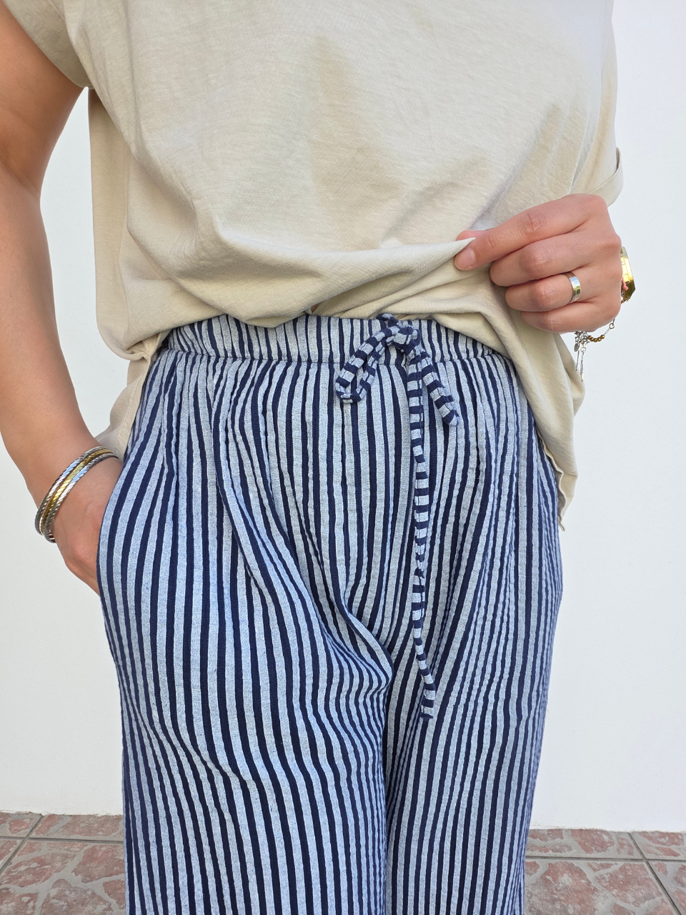 Pantalon rayé marine gaze de coton