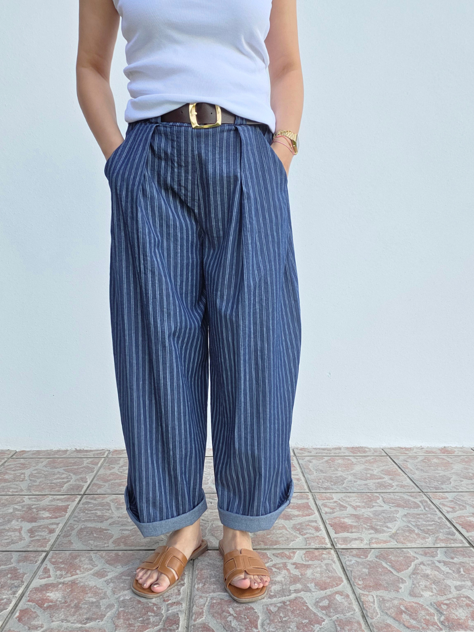 Pantalon rayé tencel bleu 