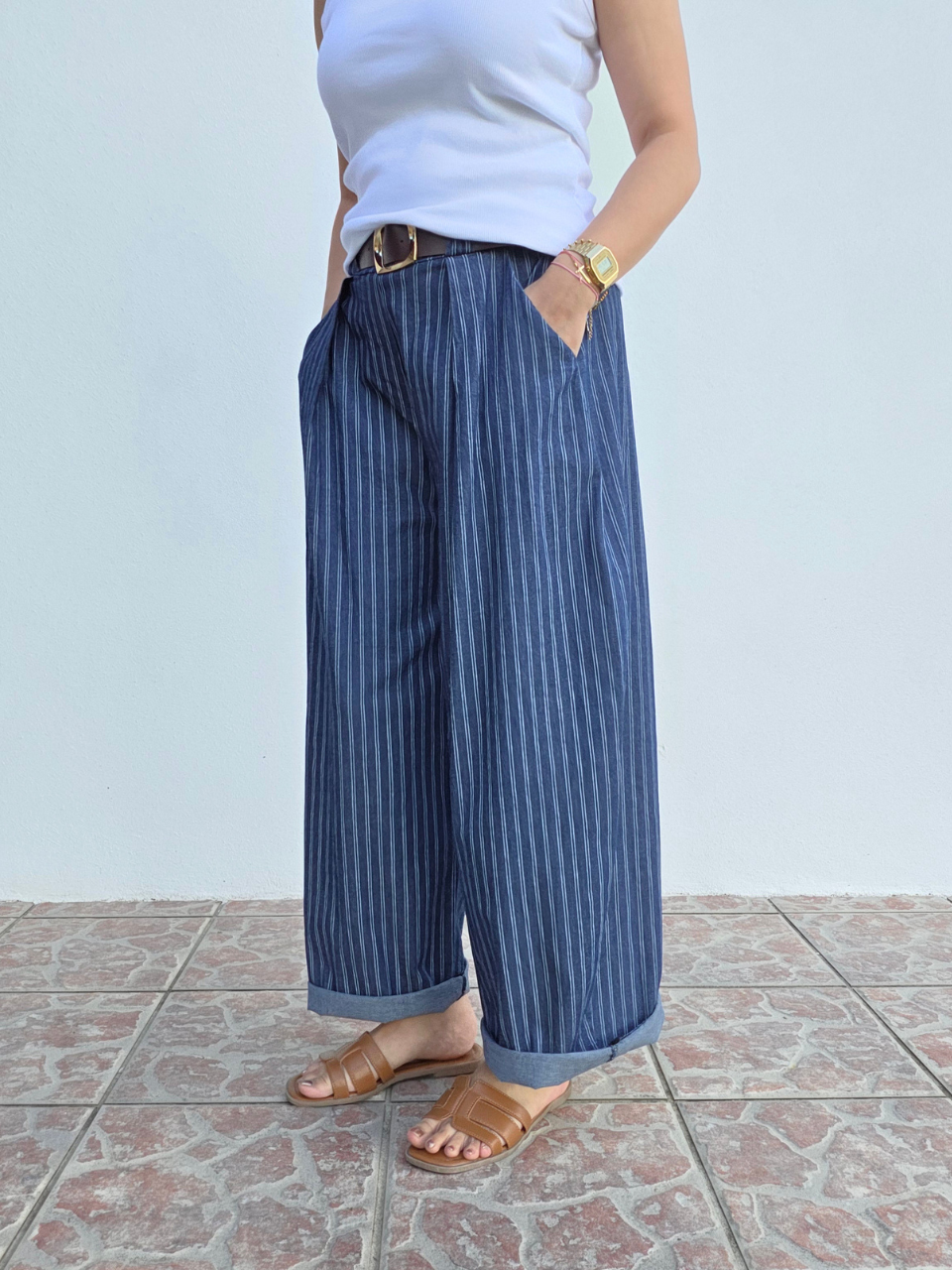 Pantalon barrel rayé femme
