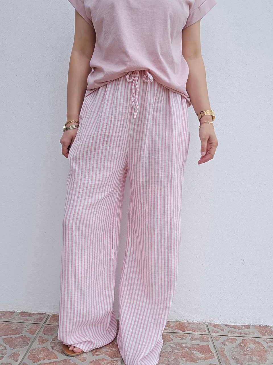 Pantalon rayé en gaze de coton – 3 coloris