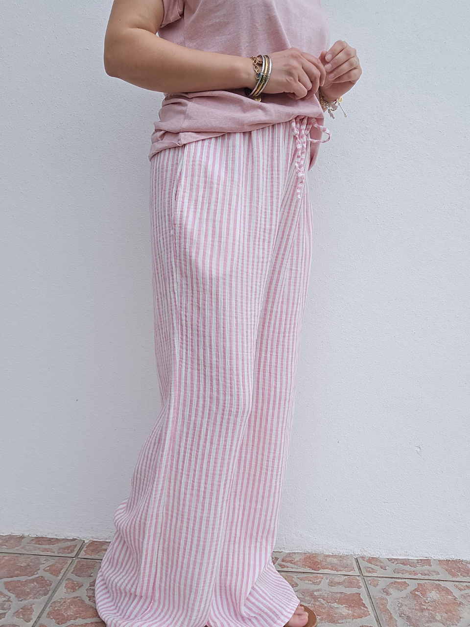 Pantalon rayé en gaze de coton – 3 coloris