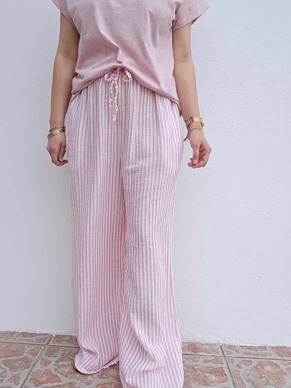 Pantalon rayé en gaze de coton – 3 coloris