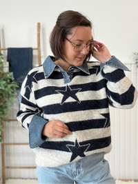 Pull rayé femme étoile avec col et revers en denim
