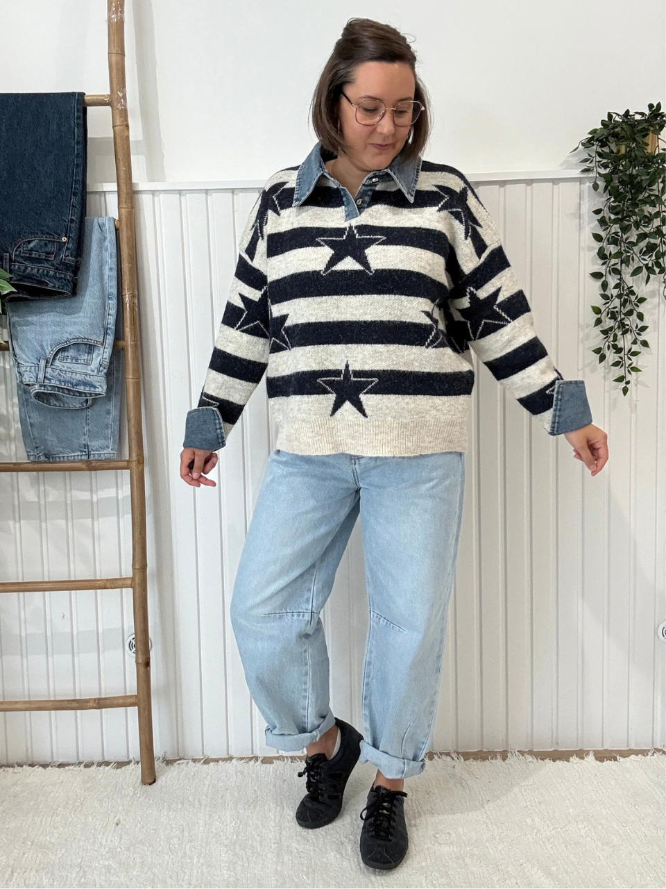 Pull rayé femme étoile avec col et revers en denim