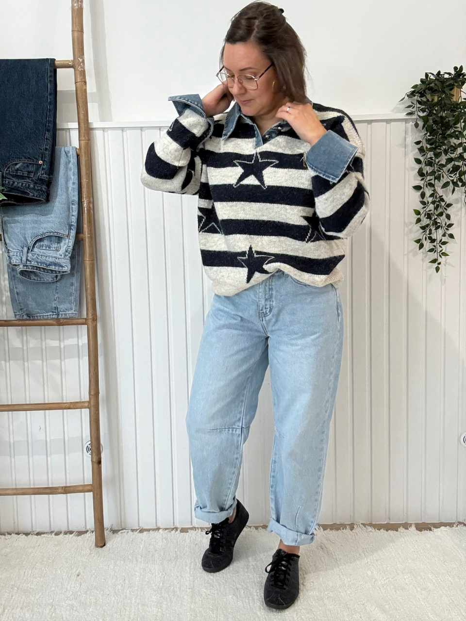 Pull rayé femme étoile avec col et revers en denim