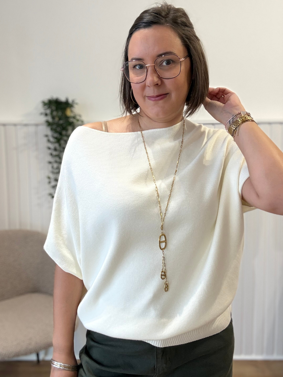 Pull écru oversize manches courtes chauve-souris