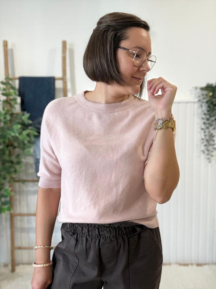 Pull manches courtes rose pâle femme taille unique