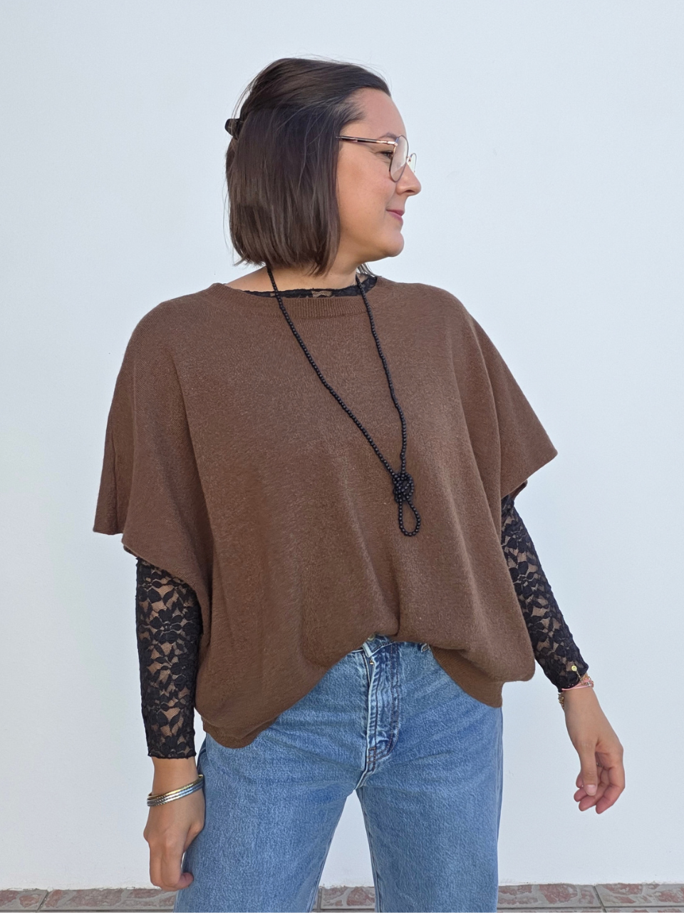 Pull oversize laine cachemire manches courtes