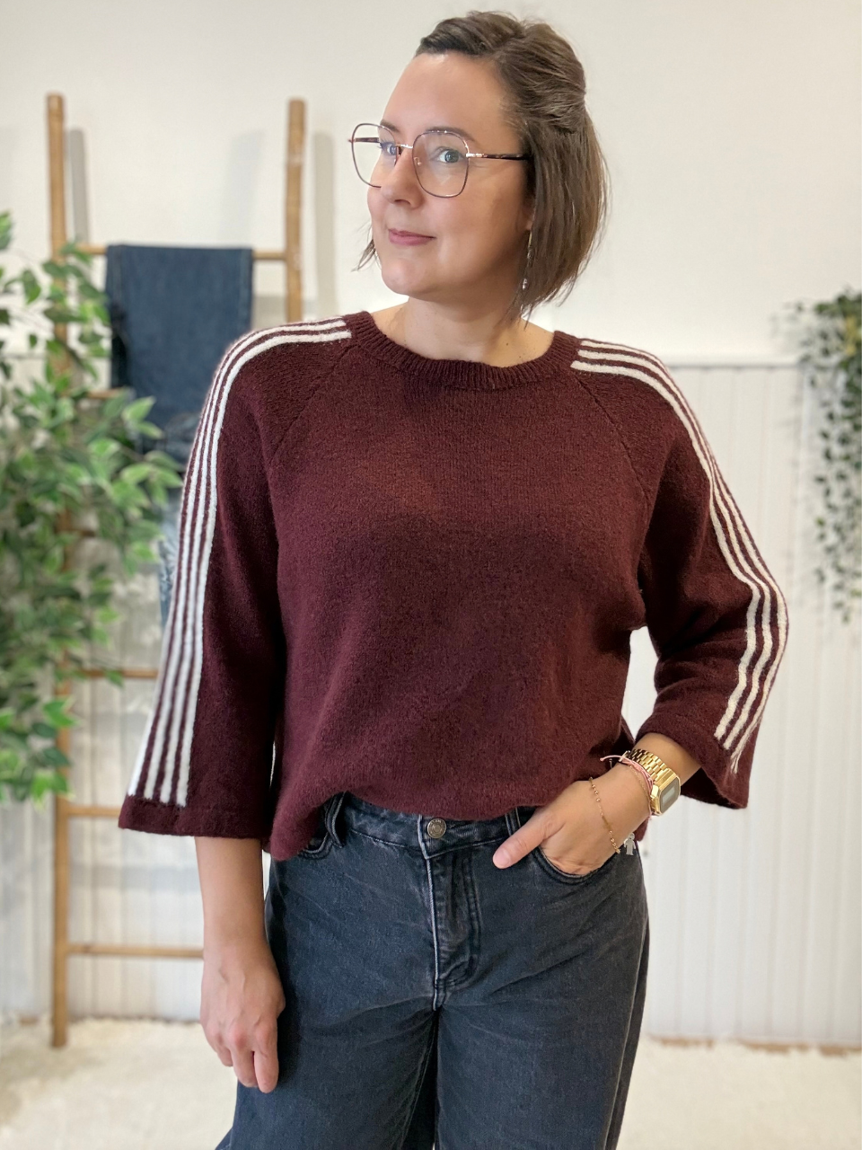 Pull sport chic femme manches 3/4 à bandes