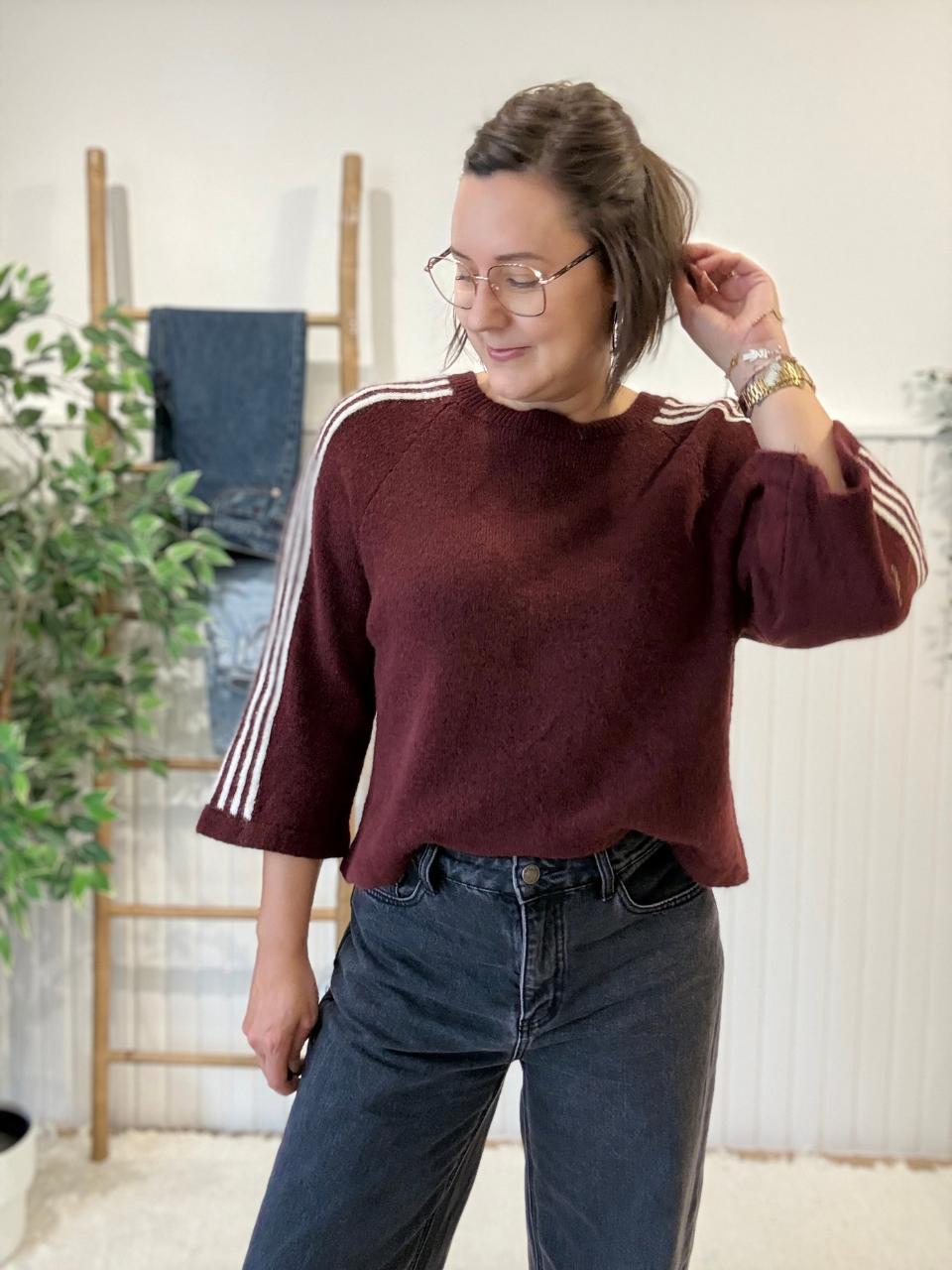 Pull sport chic femme manches 3/4 à bandes