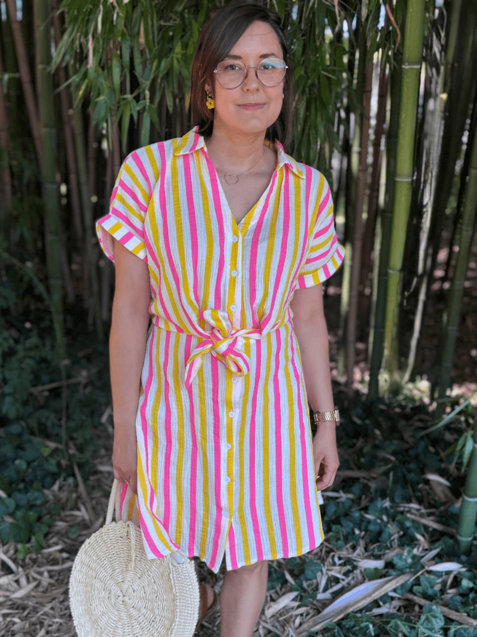 Robe courte en gaze de coton rayée – Rose & jaune vitaminé