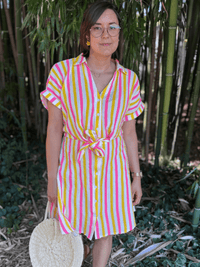 Robe courte en gaze de coton rayée – Rose & jaune vitaminé