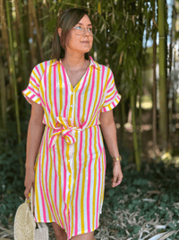 Robe courte en gaze de coton rayée – Rose & jaune vitaminé