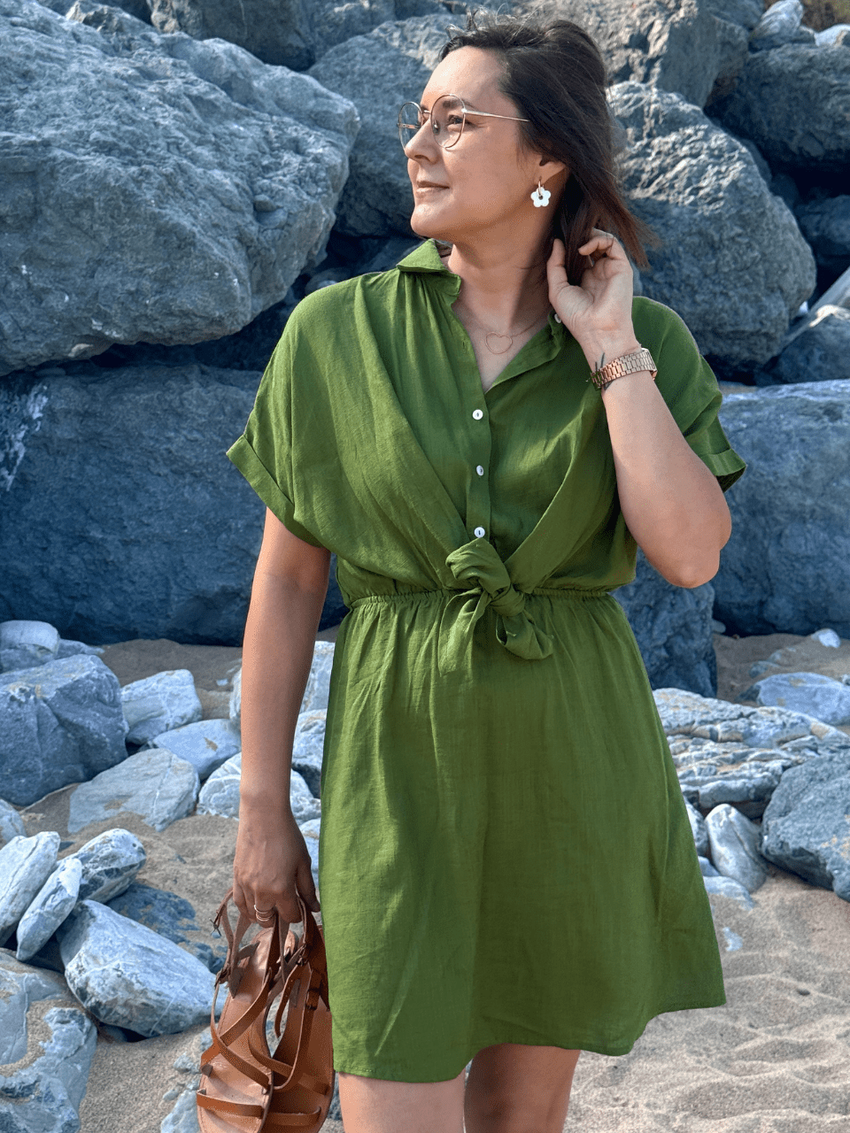 Robe courte verte gazon en coton & lin
