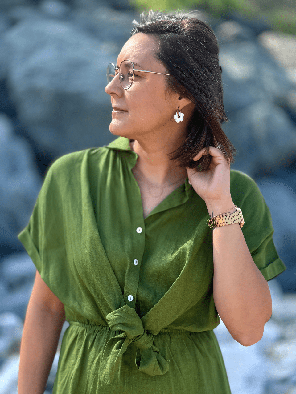 Robe courte verte gazon en coton & lin