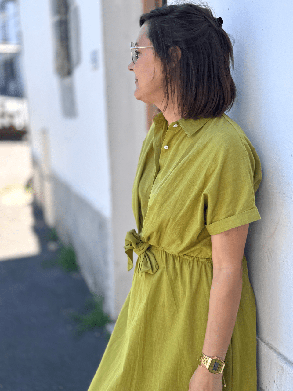 Robe longue verte olive à nœud