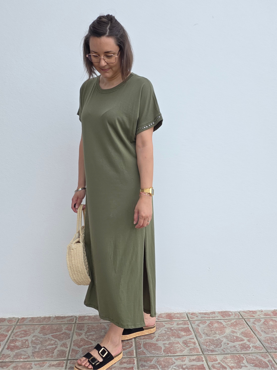 Robe longue tee-shirt détails cloutés – taille unique