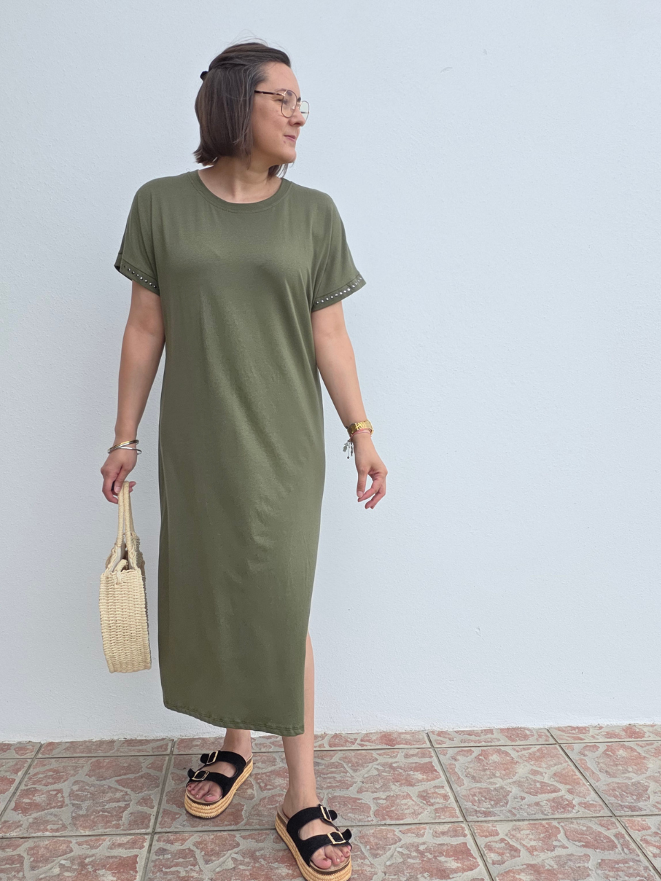 Robe longue tee-shirt détails cloutés – taille unique