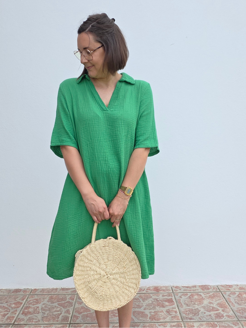 Robe courte en gaze de coton verte taille unique