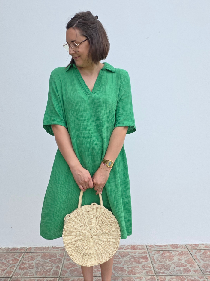 Robe courte en gaze de coton verte taille unique