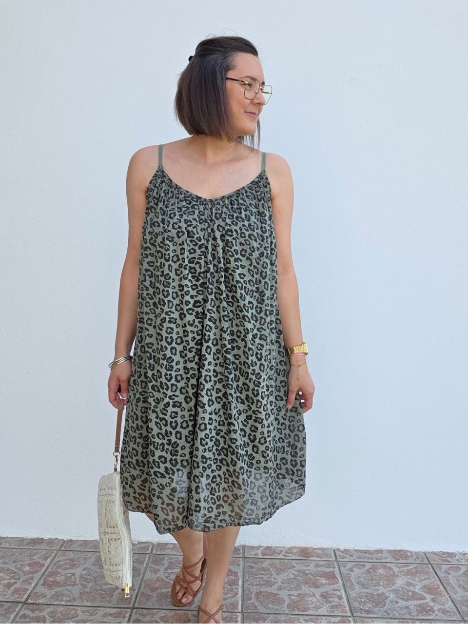 Robe voile de coton léopard doublée à bretelles réglables